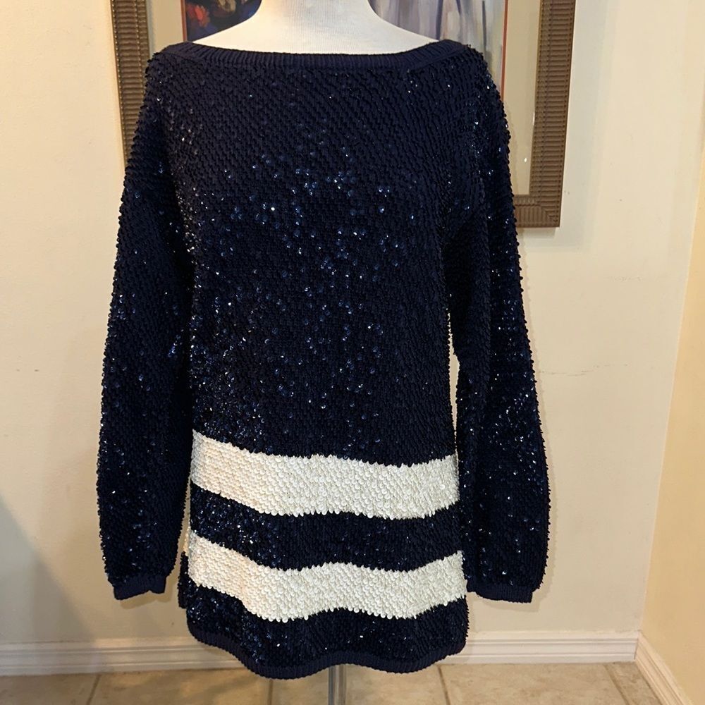 ADRIENNE VITTADINI Navy/White Sequin Striped Women's Long Sweater Size Large
